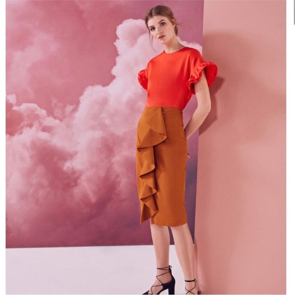 NEW Ted Baker London Ruffle Detail Pencil Skirt in Burnt Orange - Size 2 (US 6)